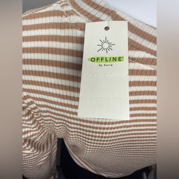 AERIE Offline Long Sleeve Lined Crop Top NEW W TAGS Size L Tan & White Striped - Picture 3 of 16